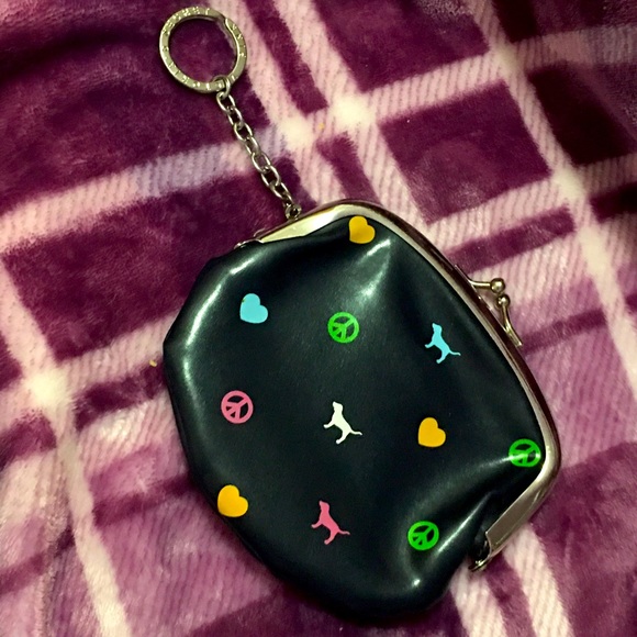 RARE VICTORIA’S SECRET PINK COIN PURSE POUCH BLACK HTF KEYCHAIN KEY CHAIN - Picture 2 of 3